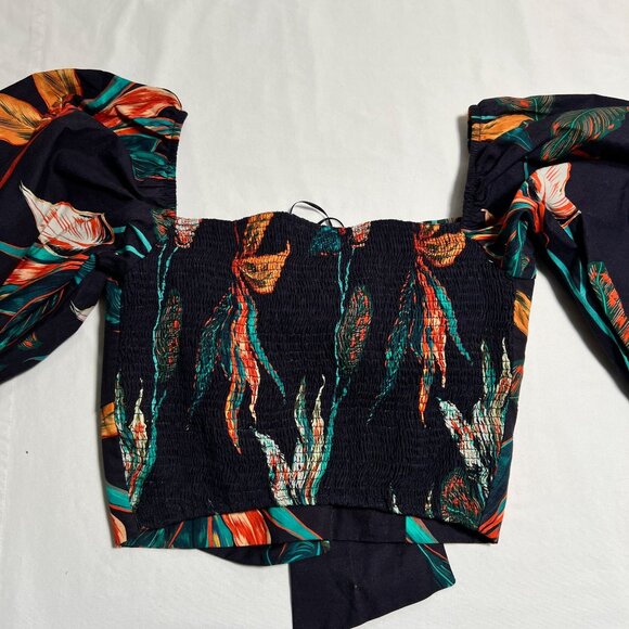 Andres Otalora  Falabella Puff Sleeve Tie Front Cropped Blouse Navy Tropical XS - Picture 6 of 10